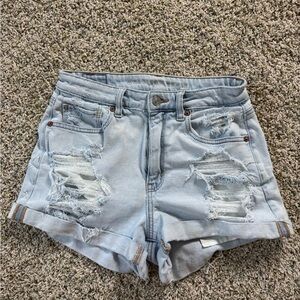 American Eagle Light Blue Distressed Denim Mom Shorts
